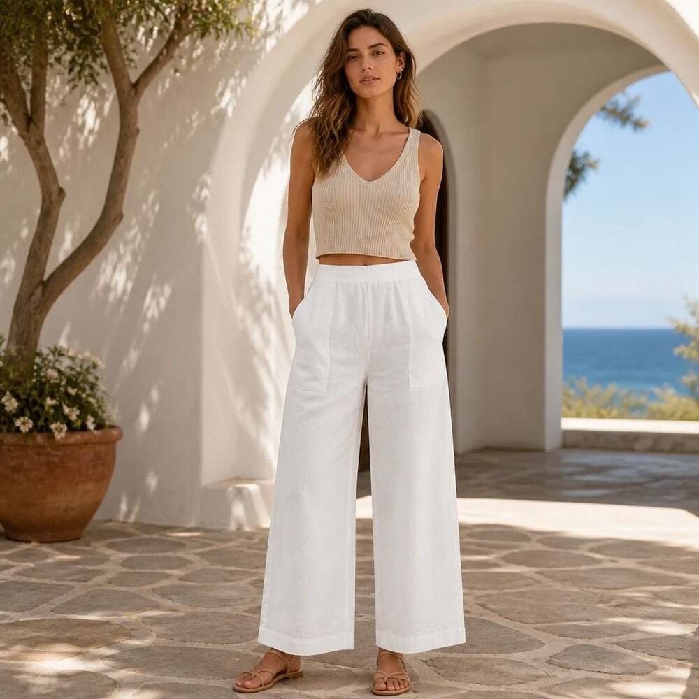 Chico's White 100% Linen Wide Leg Pants Size 4 Short
